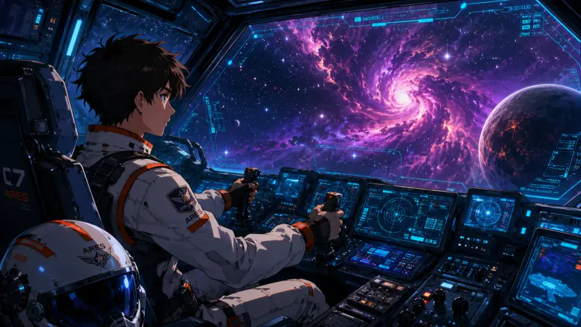 Create an anime style illustration of a young pilot sitting in the cockpit of a futuristic spaceship, both hands gripping the dual control sticks and eyes focused intensely on the view ahead. The pilot is wearing a fitted white and orange flight suit with dark utility straps and a metallic helmet resting on the seat beside them. Their short messy hair is visible. The camera is positioned over their right shoulder looking forward. The cockpit is filled with glowing blue holographic displays, switches, and dials, while the wide front window shows a deep starfield with a swirling purple and pink nebula and a distant planet. Cool blue interior light contrasts with warm cosmic colors outside. Detailed anime sci-fi style. Use aspect ratio 16:9.