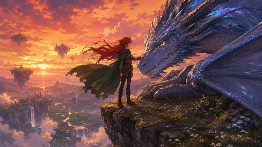 Create an anime style illustration of a young girl standing on the edge of a tall cliff with a massive friendly dragon resting beside her, her small hand placed gently on the dragon's snout. She is wearing a forest green hooded cloak over a brown leather tunic, dark fitted leggings, and tall lace-up boots. Her long red hair flows in the wind. She has a calm, brave expression. The dragon has shimmering blue and silver scales, large folded wings, and glowing golden eyes. The camera is at a slight low angle from the side, capturing them in profile. The background shows a vast valley below with floating islands, a waterfall in the distance, and a sky painted in deep orange, pink, and gold sunset tones. Painterly fantasy anime style with rich detail. Use aspect ratio 16:9.