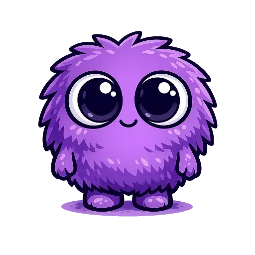 Create a clean illustration sticker of a small round fuzzy purple monster standing upright, two huge round eyes, tiny arms by its sides, smooth flat colors, clean bold black outlines, soft cel shading, transparent background, whimsical children's book style. Use aspect ratio 1:1.