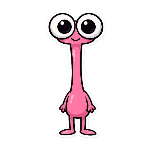 Create a clean illustration sticker of a tall skinny pink creature with a long thin neck, two oversized eyes, tiny arms, standing upright, smooth flat colors, clean bold black outlines, soft cel shading, transparent background, quirky children's book illustration style. Use aspect ratio 1:1.