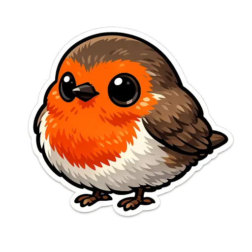 Create a clean illustration sticker of a chubby robin bird standing on tiny legs, bright orange chest, oversized black eyes, smooth feather details, clean bold black outlines, flat colors with soft cel shading, transparent background, whimsical storybook illustration style. Use aspect ratio 1:1.