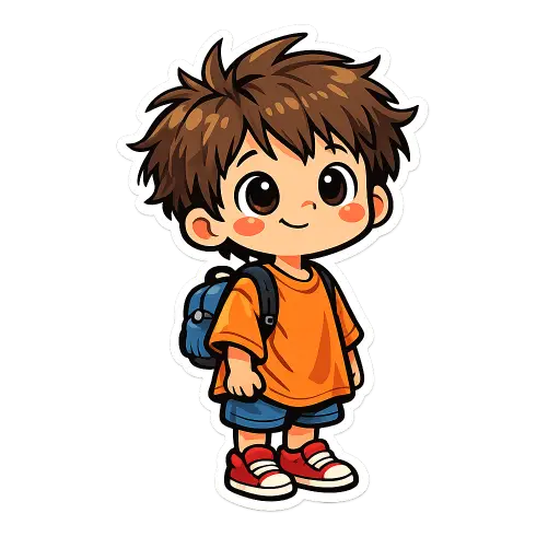 Create a clean illustration sticker of a small boy with messy hair wearing an oversized t-shirt and a tiny backpack, standing with a curious smile, big round eyes, smooth flat colors, clean bold black outlines, soft cel shading, transparent background, whimsical children's book style. Use aspect ratio 1:1.