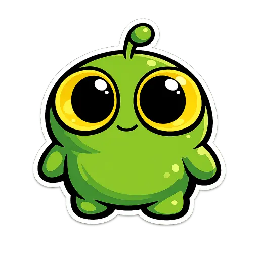 Create a clean illustration sticker of a small round green creature with one tiny antenna, two huge yellow eyes, short stubby arms, standing upright, smooth flat colors, clean bold black outlines, soft cel shading, transparent background, whimsical illustration style. Use aspect ratio 1:1.