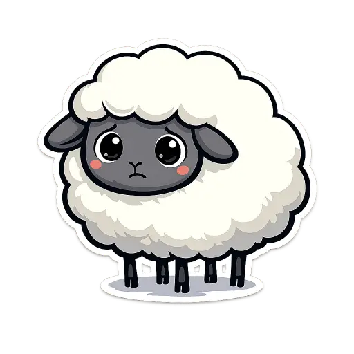 Create a clean illustration sticker of a fluffy white sheep with a small grey face, big round worried eyes, thin black legs, smooth wool shape, clean bold black outlines, flat colors with soft cel shading, transparent background, storybook illustration style. Use aspect ratio 1:1.
