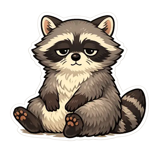 Create a clean illustration sticker of a fluffy raccoon sitting upright with sleepy half-closed eyes, dark mask around its eyes, smooth grey and brown coloring, clean bold black outlines, flat colors with soft cel shading, transparent background, whimsical storybook illustration style. Use aspect ratio 1:1.