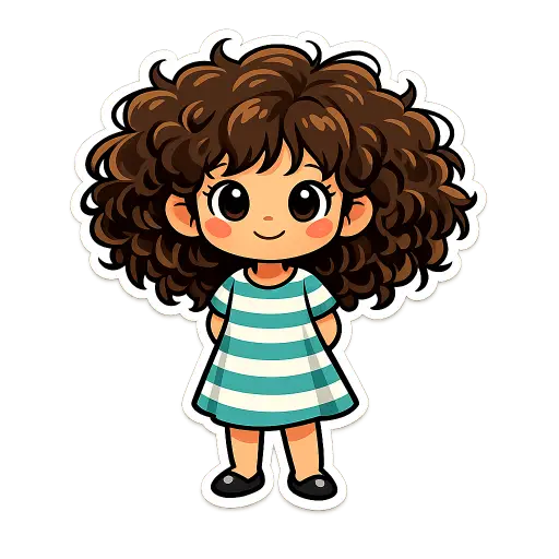 Create a clean illustration sticker of a small girl with wild curly hair and big round eyes, wearing a striped dress, standing with a small smile, smooth flat colors, clean bold black outlines, soft cel shading, transparent background, whimsical children's book style. Use aspect ratio 1:1.