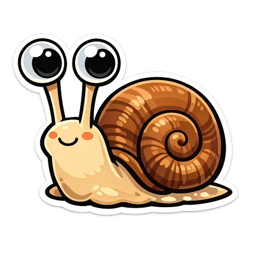 Create a clean illustration sticker of a small snail with a curly brown shell and huge googly eyes on long stalks, smooth flat colors, clean bold black outlines, soft cel shading, transparent background, whimsical children's book illustration style. Use aspect ratio 1:1.