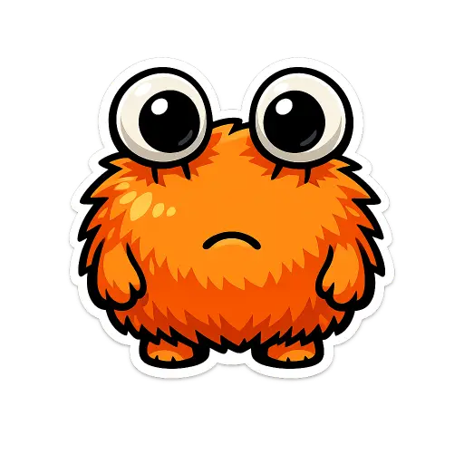 Create a clean illustration sticker of a small orange furry monster with two big eyes and a tiny frown, fluffy round body, tiny arms, smooth flat colors, clean bold black outlines, soft cel shading, transparent background, quirky illustration style. Use aspect ratio 1:1.