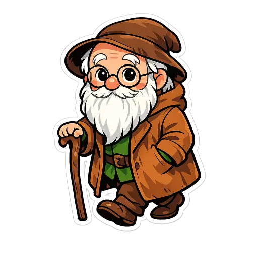 Create a clean illustration sticker of a small old man with a long white beard and round glasses, big kind eyes, oversized coat, walking stick in hand, smooth flat colors, clean bold black outlines, soft cel shading, transparent background, whimsical storybook style. Use aspect ratio 1:1.