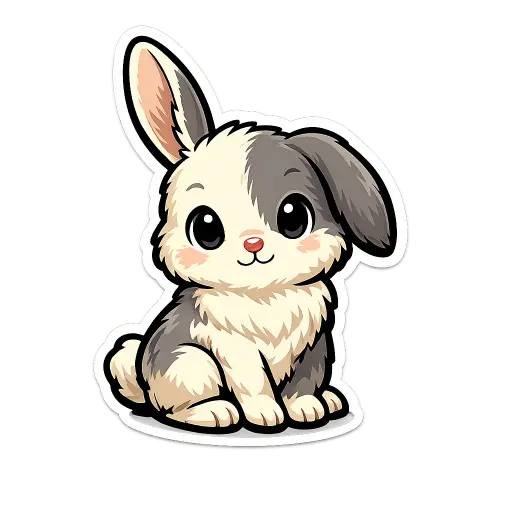 Create a clean illustration sticker of a small bunny sitting upright with one floppy ear and one upright ear, big curious eyes, smooth cream and grey fur, clean bold black outlines, flat colors with soft cel shading, transparent background, storybook illustration style. Use aspect ratio 1:1.