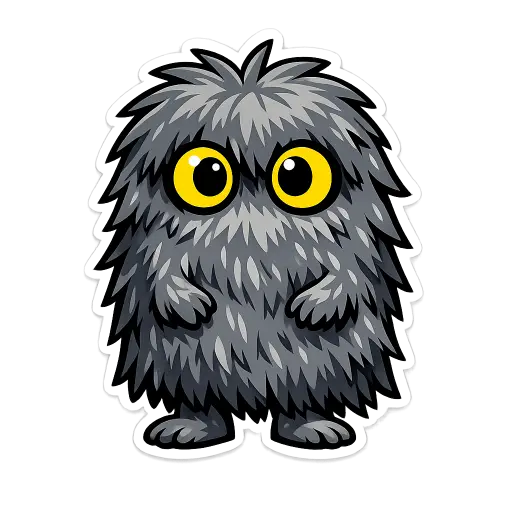 Create a clean illustration sticker of a small grey shaggy monster with bright yellow eyes, long messy fur shape, tiny hands, standing upright, smooth flat colors, clean bold black outlines, soft cel shading, transparent background, quirky illustration style. Use aspect ratio 1:1.