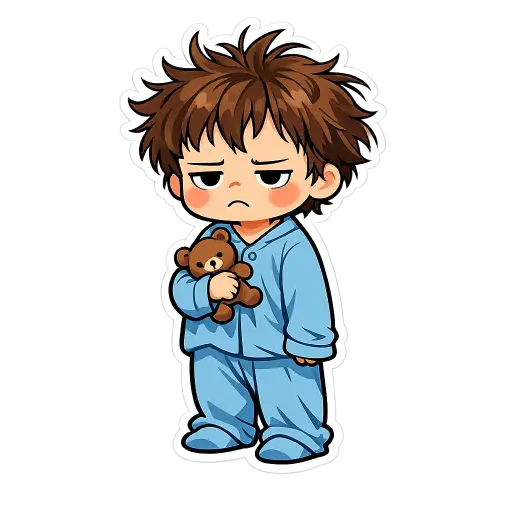 Create a clean illustration sticker of a small toddler in oversized pajamas with messy bed hair and a grumpy expression, holding a tiny stuffed bear, smooth flat colors, clean bold black outlines, soft cel shading, transparent background, whimsical children's book style. Use aspect ratio 1:1.