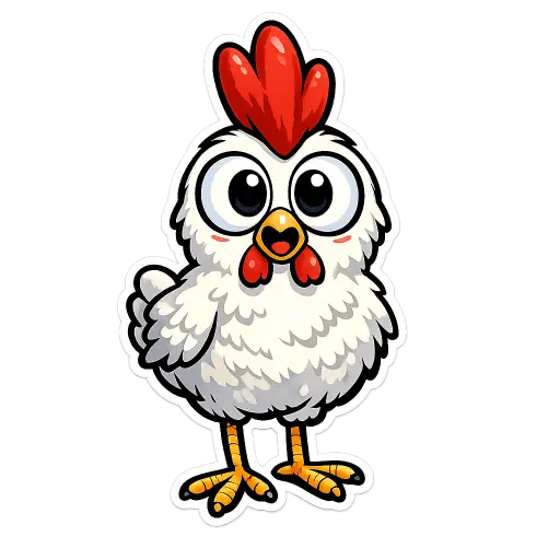 Create a clean illustration sticker of a chicken with a tall red comb, huge round surprised eyes, fluffy white body, thin yellow legs, clean bold black outlines, flat colors with soft cel shading, transparent background, storybook illustration style. Use aspect ratio 1:1.