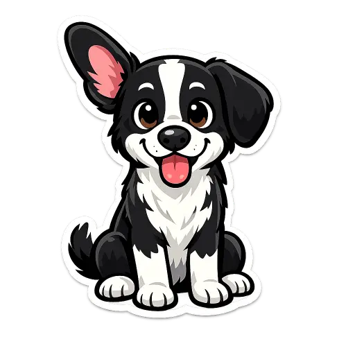 Create a clean illustration sticker of a black and white dog sitting with one floppy ear up and one down, big friendly eyes, tongue out, smooth flat colors, clean bold black outlines, soft cel shading, transparent background, whimsical children's book style. Use aspect ratio 1:1.