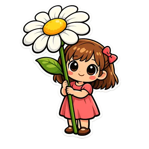 Create a clean illustration sticker of a small girl holding a tall flower almost as big as her, oversized round eyes, simple dress, smooth flat colors, clean bold black outlines, soft cel shading, transparent background, whimsical storybook illustration style. Use aspect ratio 1:1.