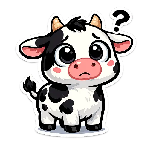 Create a clean illustration sticker of a small spotted cow with big confused eyes, smooth black and white coloring, clean bold black outlines, flat colors with soft cel shading, transparent background, quirky children's book illustration style. Use aspect ratio 1:1.