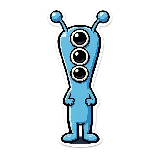 Create a clean illustration sticker of a tall skinny blue alien with two wobbly antennas, three huge round eyes, tiny arms, standing upright, smooth flat colors, clean bold black outlines, soft cel shading, transparent background, whimsical illustration style. Use aspect ratio 1:1.