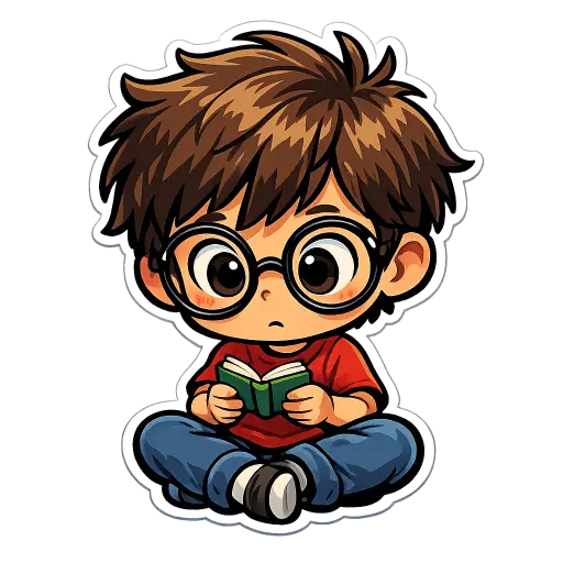 Create a clean illustration sticker of a small boy with messy hair and oversized round glasses sitting cross-legged reading a tiny book, big focused eyes, smooth flat colors, clean bold black outlines, soft cel shading, transparent background, whimsical children's book style. Use aspect ratio 1:1.