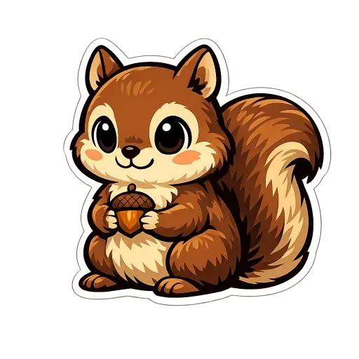 Create a clean illustration sticker of a small squirrel sitting upright holding a tiny acorn with both paws, huge round eyes, bushy tail, smooth brown coloring, clean bold black outlines, flat colors with soft cel shading, transparent background, storybook illustration style. Use aspect ratio 1:1.