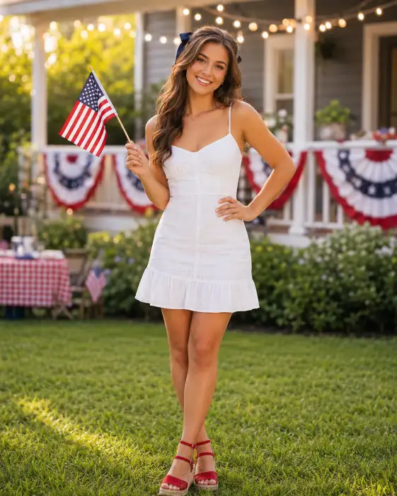 Create a portrait of a young woman standing in a sunlit backyard on the 4th of July, one hand resting on her hip and the other holding a small American flag. She is wearing a fitted white sundress with thin straps, red espadrille sandals, and a delicate navy ribbon in her hair. Her hair falls in loose waves over one shoulder and she has a warm, natural smile. Shoot at eye level with a shallow depth of field. The background shows a blurred porch decorated with red, white, and blue bunting and string lights catching the late afternoon sun. The overall mood is bright, cheerful, and all-American. Use aspect ratio 4:5.