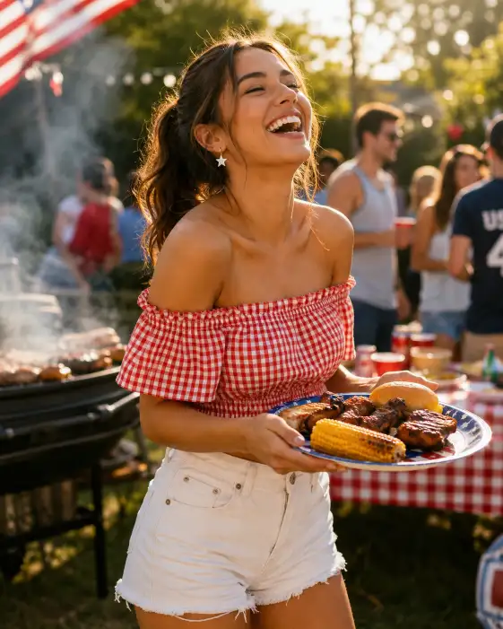 Create a candid photo of a young woman laughing while holding a plate of grilled food at a backyard 4th of July barbecue. She is mid-laugh with her head tilted slightly back, wearing a red gingham off-shoulder top, white denim shorts, and small star-shaped earrings. The camera catches her at eye level with a natural, unposed feel. The background shows a blurred grill with smoke rising, a picnic table covered in a red checkered cloth, and friends gathered in soft focus. Warm, golden afternoon light fills the frame. The mood is joyful, casual, and full of summer energy. Use aspect ratio 4:5.