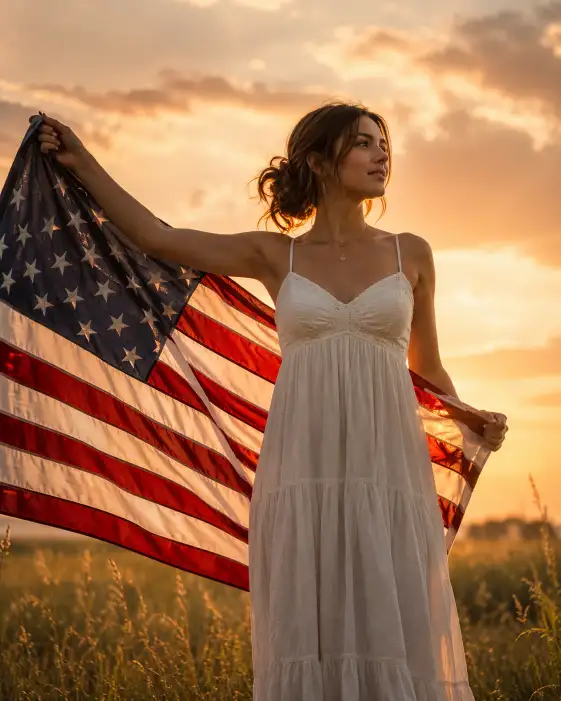Create a photo of a young woman standing in an open grassy field at golden hour, holding a large American flag that billows gently behind her in the breeze. She is looking off to the side with a calm, content expression, wearing a flowing white maxi dress and her hair loosely tied back. The camera is positioned slightly low, shooting upward to capture the flag against a glowing amber and peach sky. Warm backlight creates a soft halo around her hair and shoulders. Shot with an 85mm lens, shallow depth of field, cinematic color grading. Use aspect ratio 4:5.