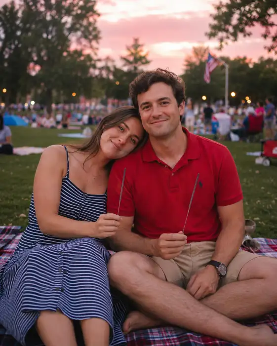 Create a photo of a couple sitting close together on a plaid picnic blanket during a 4th of July celebration, the woman leaning her head on the man's shoulder as they both smile softly. She is wearing a navy and white striped sundress and he is in a red polo shirt with khaki shorts. They are holding small sparklers that have not been lit yet. The camera is at eye level with a slightly wide frame. The background shows a blurred park with families spread out on blankets and a dusky evening sky beginning to turn pink. Warm, romantic tones with gentle ambient light. Shot with a 35mm lens. Use aspect ratio 4:5.