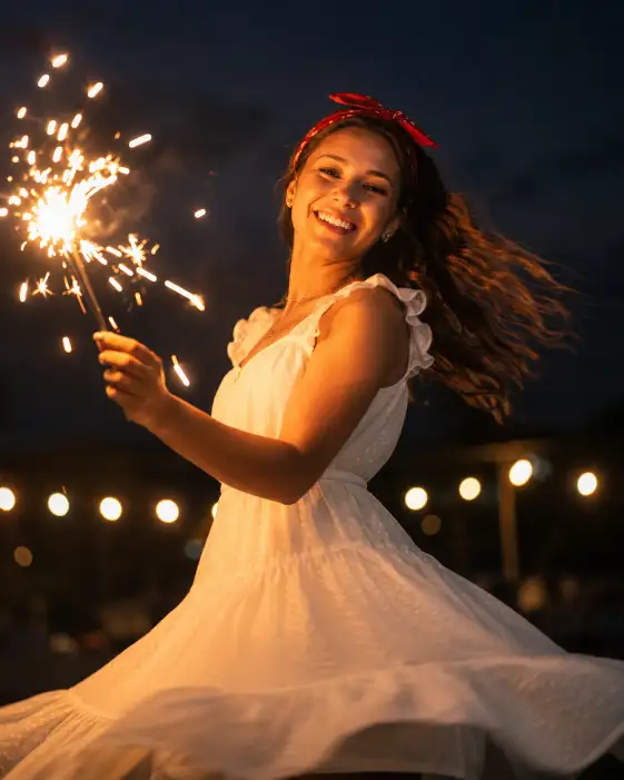 Create a photo of a young woman holding a lit sparkler in the dark on the 4th of July, the bright golden sparks lighting up her face and the air around her. She is mid-twirl with a joyful smile, wearing a white flowy dress and a red headband. The camera captures her at eye level with slight motion blur on the sparkler trails. The background is a deep navy night sky with soft bokeh from distant string lights. Warm glowing light on her face contrasts with the cool dark background. Shot with a 50mm lens, wide aperture. Use aspect ratio 4:5.