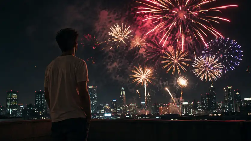Create a photo of a young man standing on a rooftop or open balcony at night watching a fireworks display, his back partly turned as he looks up at the sky. He is wearing a casual white t-shirt and dark jeans with a relaxed stance, one hand in his pocket. The camera is positioned behind and slightly to the side, capturing both his silhouette and the colorful red, gold, and blue fireworks exploding above the city skyline. The lighting is dark with bursts of vivid color reflecting off the scene. Cinematic, moody tones. Shot with a 35mm lens. Use aspect ratio 16:9.