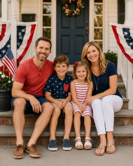 Create a photo of a happy family of four sitting together on the front steps of a charming American home decorated for the 4th of July. The parents are seated with two young children between them, everyone smiling naturally at the camera. They are dressed in coordinated red, white, and blue casual outfits. The porch is decorated with flag bunting and a small flag in a planter. The camera is at eye level, framing the full group. Soft, warm afternoon light gives the scene a welcoming, cozy feel. Shot with a 35mm lens, medium depth of field. Use aspect ratio 4:5.
