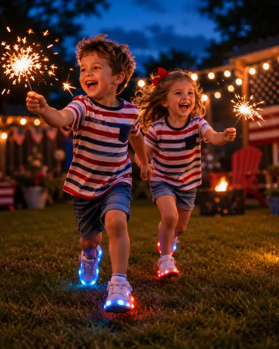Create a photo of two young children running across a grassy backyard at dusk on the 4th of July, both holding sparklers and laughing with pure excitement. They are wearing matching striped t-shirts, denim shorts, and light-up sneakers. The camera follows them at a low angle, slightly behind, capturing the motion and the trailing sparkler light. The background shows a softly blurred backyard with fairy lights strung between trees and a deep blue evening sky. Warm, magical lighting with a candid feel. Shot with a 50mm lens. Use aspect ratio 4:5.