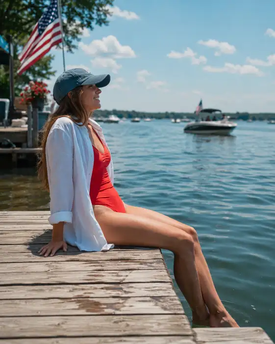 Create a photo of a young woman sitting on a wooden dock by a calm lake on the 4th of July, leaning back on her hands with her legs dangling toward the water. She is wearing a red one-piece swimsuit under an open white linen shirt with a denim cap. She has a relaxed, happy expression looking out at the water. The camera is at eye level along the dock, capturing the lake and a few distant boats with small flags. Bright, vibrant summer tones with teal water and warm highlights. Shot with a 35mm lens. Use aspect ratio 4:5.