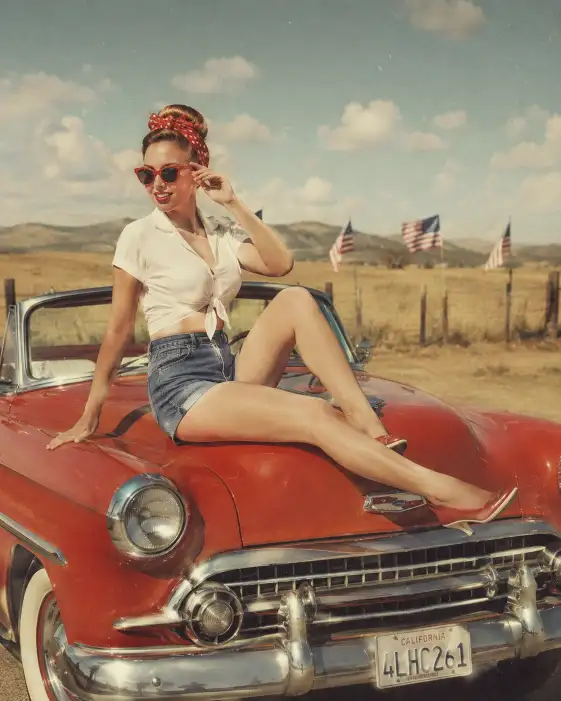 Create a vintage-style photo of a young woman sitting on the hood of a classic red convertible car parked in a field, one knee bent and the other leg stretched out. She is wearing high-waisted blue denim shorts, a white tied-front blouse, and red cat-eye sunglasses with a polka dot headscarf. Her pose is playful and confident. The background is a wide open countryside with a few small American flags planted along a fence under a bright sky. The image has a warm, slightly faded retro color grade with film grain. Shot with a 50mm lens. Use aspect ratio 4:5.