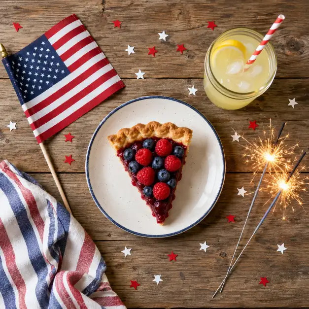 Create an overhead flat lay photo of a 4th of July themed table arrangement on a rustic wooden surface. The scene includes a small folded American flag, a slice of berry pie with red and blue berries, two sparklers, a striped paper straw in a glass of lemonade, and scattered red and white star confetti. The camera is positioned directly above in a flat lay aerial perspective looking straight down. Soft, natural daylight with gentle shadows. Clean, bright, festive styling with a balanced red, white, and blue palette. Shot with a 24mm lens. Use aspect ratio 1:1.