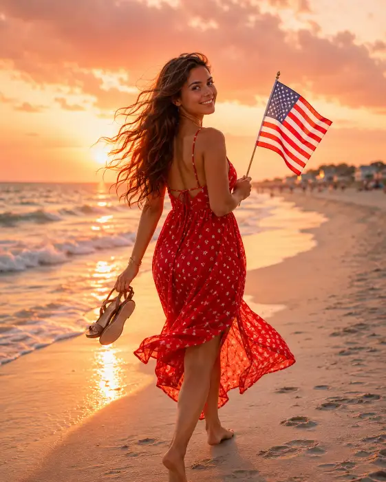 Create a photo of a young woman walking along a sandy beach at golden hour on the 4th of July, holding a small flag in one hand with her sandals dangling from the other. She is wearing a flowing red sundress that catches the breeze and her hair flows naturally. She is mid-step, looking back over her shoulder with a soft smile. The camera follows at a slightly low angle, capturing the ocean waves and a warm sunset sky behind her. Warm, airy, luminous lighting with peach and coral tones. Shot with a 50mm lens. Use aspect ratio 4:5.