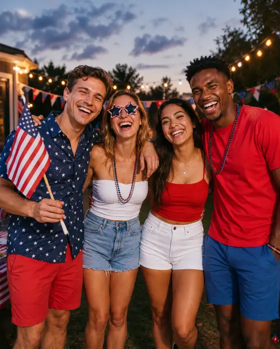 Create a photo of a group of four friends standing together at an outdoor 4th of July party, arms around each other's shoulders, all laughing and looking at the camera. They are dressed in a mix of red, white, and blue casual summer outfits. One is holding a small flag and another is wearing star-shaped sunglasses. The camera is at eye level, slightly wide to fit the whole group. The background shows a blurred backyard with string lights, bunting, and a dusky evening sky. Bright, lively color grading with a candid celebratory mood. Shot with a 28mm lens. Use aspect ratio 4:5.