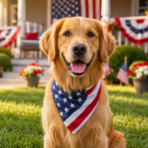 Create a cute photo of a golden retriever sitting in a grassy backyard wearing a small American flag bandana around its neck on the 4th of July. The dog is looking directly at the camera with a happy expression and its tongue slightly out. The camera is at the dog's eye level for an intimate perspective. The background shows a softly blurred porch with red, white, and blue decorations and warm afternoon light. Bright, cheerful tones with a wholesome summer feel. Shot with a 50mm lens, shallow depth of field. Use aspect ratio 1:1.
