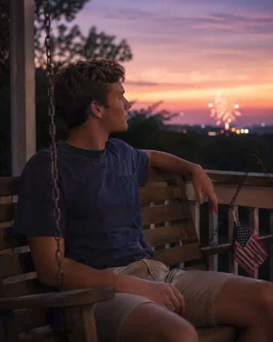 Create a photo of a young man sitting alone on a wooden porch swing at dusk on the 4th of July, one arm resting along the back of the swing, looking out toward the horizon with a calm expression. He is wearing a faded navy t-shirt and light chino shorts. A small American flag is tucked into the porch railing beside him. The camera is at eye level, slightly to the side. The background shows a soft evening sky in shades of lavender and orange with the faint glow of distant fireworks. Warm, muted, reflective tones. Shot with a 50mm lens. Use aspect ratio 4:5.