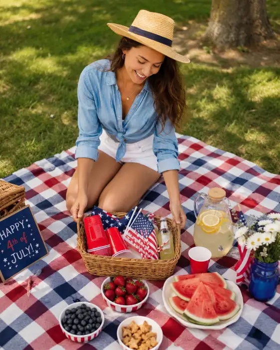 Create a photo of a young woman kneeling on a checkered picnic blanket at a park on the 4th of July, arranging a basket of festive food and drinks. She is wearing a blue chambray button-down shirt tied at the waist, white shorts, and a straw hat. She is smiling down at the spread with a relaxed expression. The blanket is set with red cups, a small flag, watermelon slices, and a pitcher of lemonade. The camera is at a gentle overhead angle, about 30 degrees down. Warm, diffused midday light with vivid summer colors. Shot with a 35mm lens. Use aspect ratio 4:5.