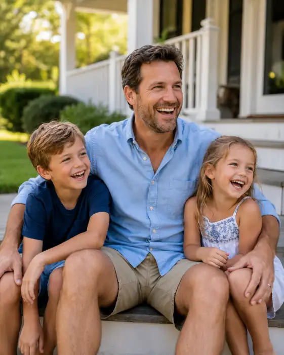 Create a photo of a father in his late 30s sitting on the front steps of a suburban home with his two young kids leaning against him, one on each side. He is wearing a relaxed light blue button-down shirt with rolled sleeves and khaki shorts, and the kids are in simple summer outfits. All three are laughing naturally at something off-camera. Shoot at eye level with a shallow depth of field. The background shows a soft, blurred green lawn and a white porch railing in warm morning light. The mood is candid, cheerful, and full of family warmth. Use aspect ratio 4:5.