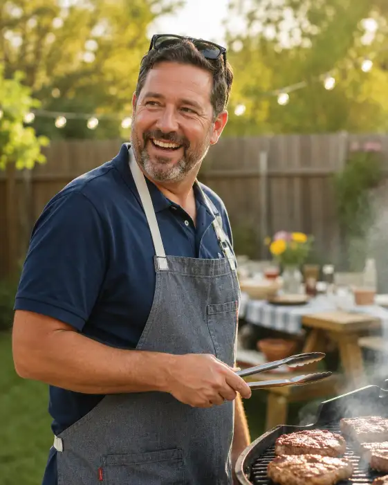 Create a photo of a smiling man in his 40s standing at a backyard grill holding tongs, wearing a navy polo shirt, a casual apron, and sunglasses pushed up on his head. He is mid-laugh, looking to the side as if talking to family. The background shows a blurred backyard with a wooden fence, string lights, and a picnic table set for a gathering. Shoot at chest height with soft, warm late-afternoon sun. The mood is relaxed, fun, and summery. Use aspect ratio 4:5.