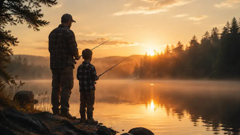 Create a photo of a father and his young son standing at the edge of a calm lake at sunrise, both holding fishing rods and looking out at the water. The dad is wearing a worn flannel shirt, a baseball cap, and cargo pants, and the boy is in a matching small flannel. They are seen from behind and slightly to the side. Shoot from a low angle with golden sunrise light reflecting off the water. The background shows misty trees and a still lake. The mood is peaceful, nostalgic, and cinematic. Use aspect ratio 16:9.