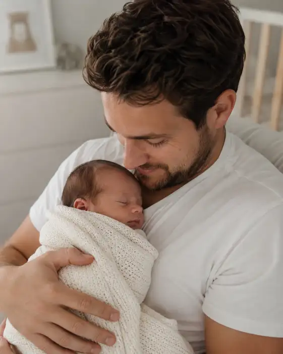 Create a close-up photo of a new father gently cradling his sleeping newborn against his chest, looking down at the baby with a soft, emotional expression. He is wearing a plain white t-shirt, and the baby is wrapped in a cream knit blanket. Shoot at a slight overhead angle with soft, diffused window light. The background is a softly blurred neutral nursery. The mood is intimate, gentle, and heartfelt. Use aspect ratio 4:5.