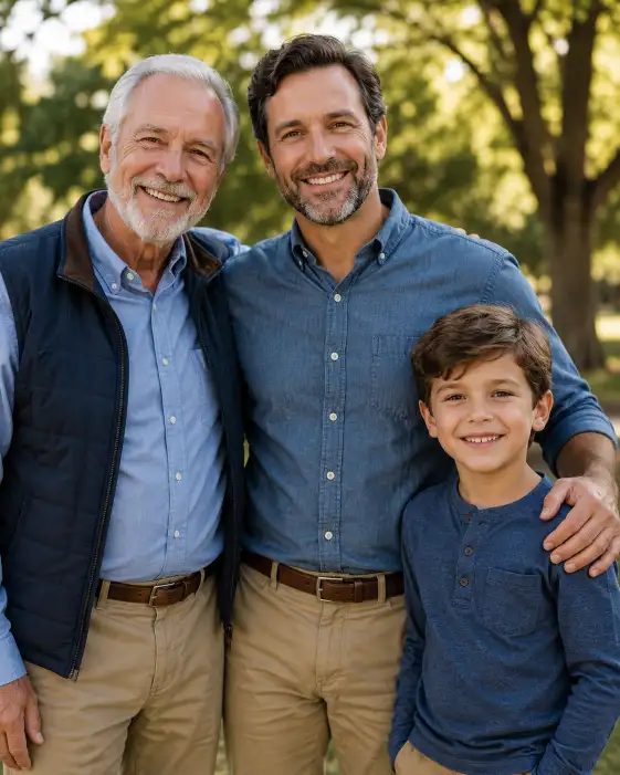 Create a photo of three generations of men standing together outdoors: an older grandfather, a middle-aged father, and a young boy, all with their arms around each other. They are dressed in coordinated casual outfits in shades of blue and tan. All three are smiling warmly at the camera. Shoot at eye level with a medium depth of field. The background shows a softly blurred park with green trees and warm afternoon light. The mood is proud, loving, and timeless. Use aspect ratio 4:5.