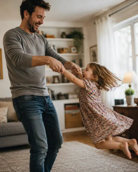 Create a photo of a father spinning his young daughter around in a living room, her feet off the ground and both of them laughing. He is wearing a casual gray sweater and jeans, and she is in a small floral dress. Capture them mid-motion with slight movement blur on her dress. Shoot at eye level with warm, diffused indoor light from a nearby window. The background is a cozy, softly blurred living room. The mood is joyful, candid, and full of love. Use aspect ratio 4:5.