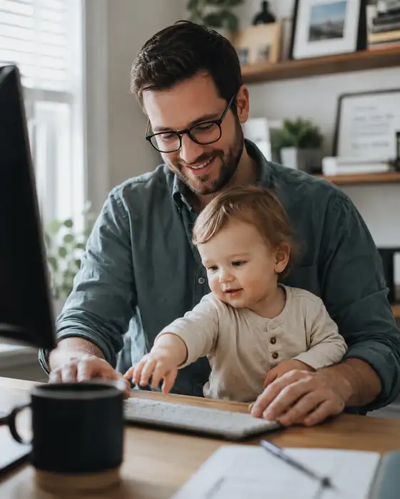 Create a candid photo of a father in his 30s working at a home desk while his small child sits on his lap reaching for the keyboard. He is wearing a casual button-down shirt and glasses, smiling patiently down at the child. Shoot at eye level with soft natural light from a side window. The background shows a blurred home office with shelves and plants. The mood is warm, real, and a little playful. Use aspect ratio 4:5.