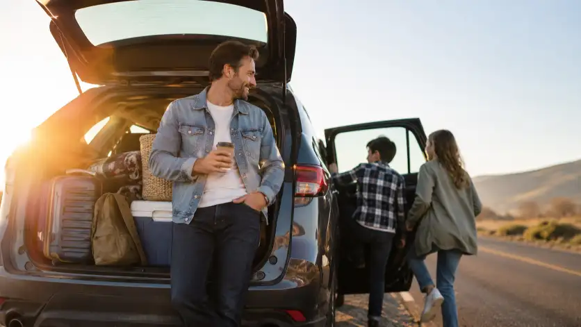 Create a photo of a father leaning against an open car trunk packed for a road trip, holding a coffee cup and smiling at his kids who are climbing into the back seat. He is wearing a denim jacket over a white tee and dark jeans. Shoot at a slight low angle with bright morning sunlight and gentle lens flare. The background shows an open road and soft hills in the distance. The mood is adventurous, sunny, and free. Use aspect ratio 16:9.