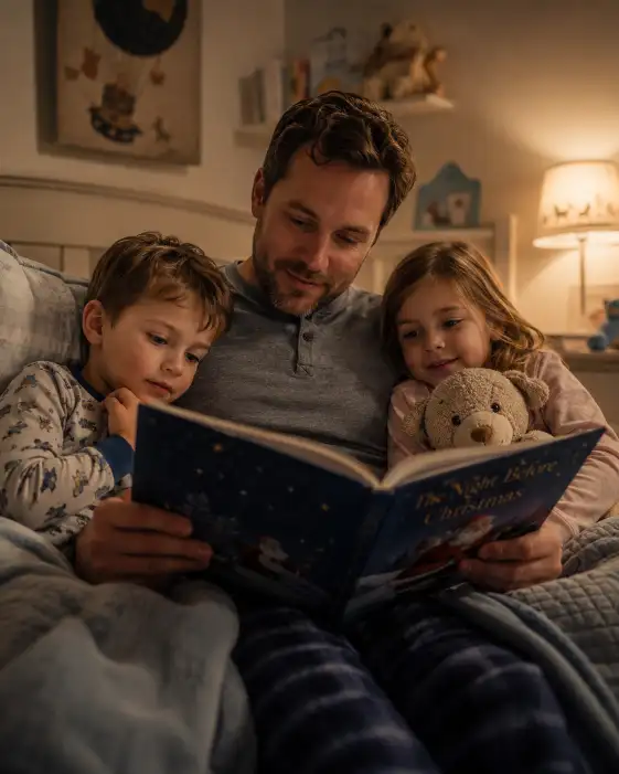 Create a photo of a father sitting up in a softly lit bedroom reading a storybook to two young children tucked under a blanket beside him. He is wearing comfortable loungewear, and the kids are in pajamas, all looking at the book. Shoot at a slightly low angle with warm lamp light glowing in the room. The background is a cozy, blurred children's bedroom. The mood is tender, calm, and bedtime-soft. Use aspect ratio 4:5.
