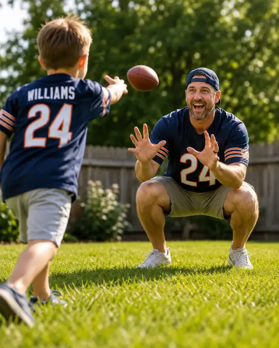 Create a photo of a father and his son in matching casual jerseys playing catch in a backyard, the dad crouched down ready to catch the ball. Both are mid-action with focused, happy expressions. Shoot at a low angle from the grass with bright, warm afternoon light. The background shows a blurred green yard and a fence. The mood is energetic, playful, and athletic. Use aspect ratio 4:5.