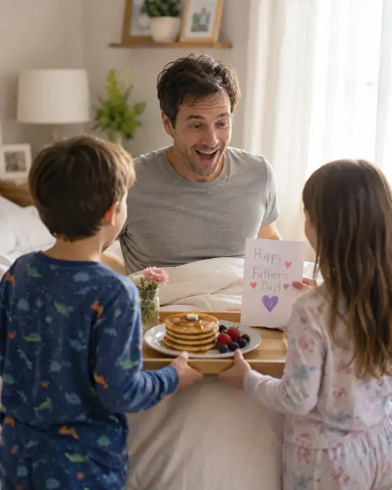 Create a photo of a father sitting up in bed looking surprised and happy as his two kids bring him a breakfast tray with pancakes and a handmade card. He is wearing a simple gray t-shirt, and the kids are in pajamas. Shoot at the foot of the bed at eye level with soft morning light through sheer curtains. The background is a cozy, blurred bedroom. The mood is loving, cheerful, and homey. Use aspect ratio 4:5.